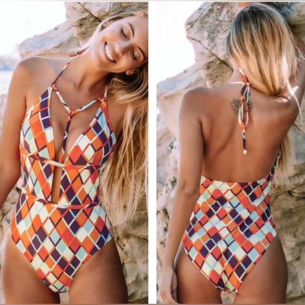 Cupshe Orange Geometric Print Peek a boo Neckline One Piece size XXL NWT